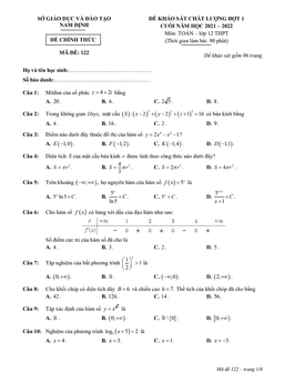 đề khảo sát chất lượng toán 12 đợt 1 cuối năm 2021 – 2022 sở gd&đt nam định
