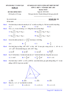 đề khảo sát chất lượng toán 12 đợt 1 năm 2020 – 2021 sở gd&đt nghệ an