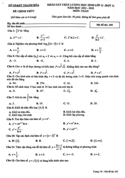 đề khảo sát chất lượng toán 12 (đợt 1) năm 2021 – 2022 sở gd&đt thanh hóa