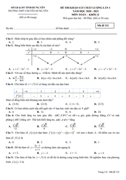 đề khảo sát chất lượng toán 12 lần 1 năm 2020 – 2021 trường thpt chuyên hưng yên