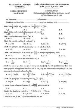 đề khảo sát chất lượng toán 12 lần 1 năm 2023 – 2024 sở gd&đt thanh hóa