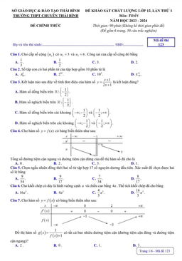 đề khảo sát chất lượng toán 12 lần 1 năm 2023 – 2024 trường thpt chuyên thái bình