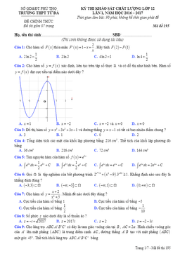 đề khảo sát chất lượng toán 12 năm học 2016 – 2017 trường thpt tử đà – phú thọ lần 1