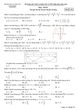 đề khảo sát chất lượng toán 12 thpt năm 2020 – 2021 sở gd&đt thái bình