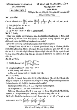 đề khảo sát chất lượng toán 9 năm 2019 – 2020 phòng gd&đt hà đông – hà nội