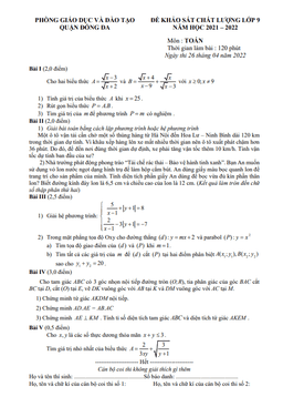 đề khảo sát chất lượng toán 9 năm 2021 – 2022 phòng gd&đt đống đa – hà nội
