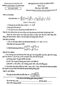 đề khảo sát chất lượng toán 9 năm 2021 – 2022 phòng gd&đt thường tín – hà nội
