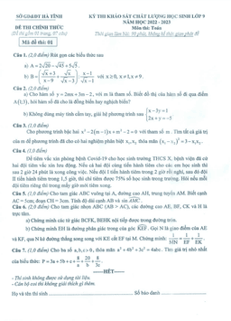 đề khảo sát chất lượng toán 9 năm 2022 – 2023 sở gd&đt hà tĩnh
