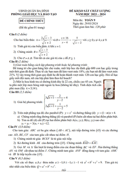 đề khảo sát chất lượng toán 9 năm 2023 – 2024 phòng gd&đt ba đình – hà nội