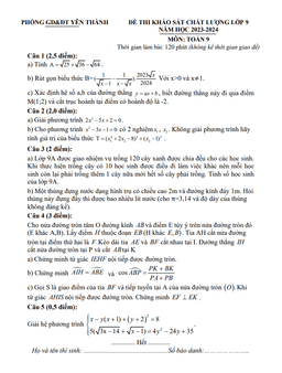 đề khảo sát chất lượng toán 9 năm 2023 – 2024 phòng gd&đt yên thành – nghệ an