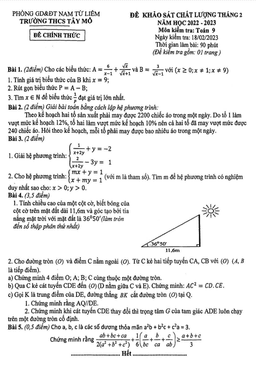 đề khảo sát chất lượng toán 9 tháng 2 năm 2023 trường thcs tây mỗ – hà nội