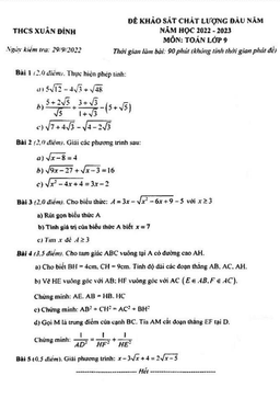 đề khảo sát đầu năm toán 9 năm 2022 – 2023 trường thcs xuân đỉnh – hà nội