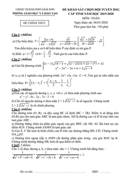 đề khảo sát đội tuyển hsg toán 9 năm 2019 – 2020 phòng gd&đt sầm sơn – thanh hoá