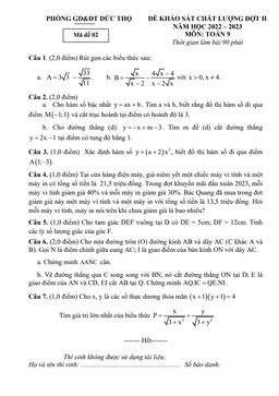 đề khảo sát đợt 2 toán 9 năm 2022 – 2023 phòng gd&đt đức thọ – hà tĩnh