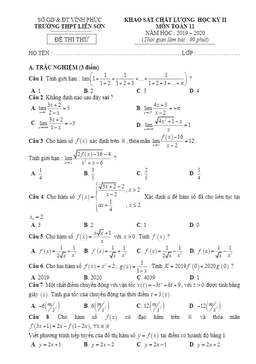 đề khảo sát học kỳ 2 toán 11 năm 2019 – 2020 trường thpt liễn sơn – vĩnh phúc