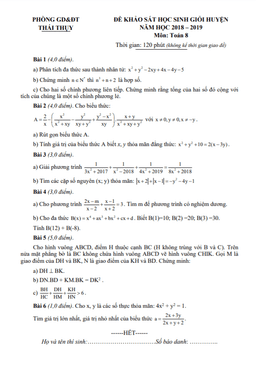 đề khảo sát hsg huyện toán 8 năm 2018 – 2019 phòng gd&đt thái thụy – thái bình