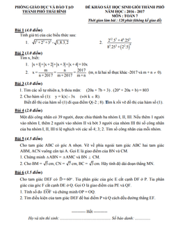 đề khảo sát hsg toán 7 năm 2016 – 2017 phòng gd&đt thành phố thái bình