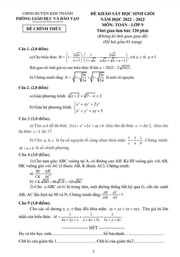 đề khảo sát hsg toán 9 năm 2022 – 2023 phòng gd&đt kim thành – hải dương