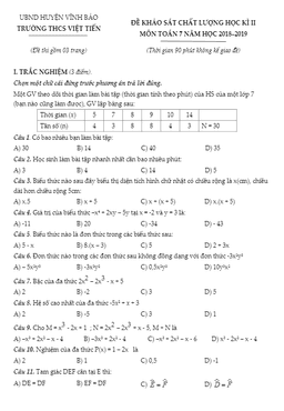 đề khảo sát kì 2 toán 7 năm 2018 – 2019 trường thcs việt tiến – hải phòng