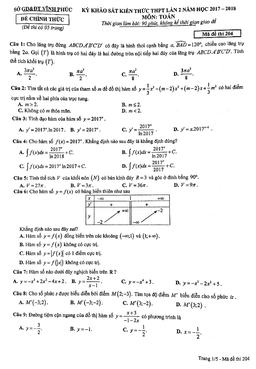 đề khảo sát kiến thức toán 12 thpt năm 2017 – 2018 sở gd và đt vĩnh phúc lần 2