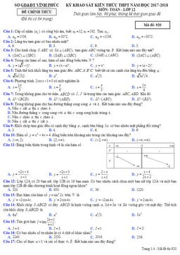 đề khảo sát kiến thức toán 12 thpt năm học 2017 – 2018 sở gd và đt vĩnh phúc