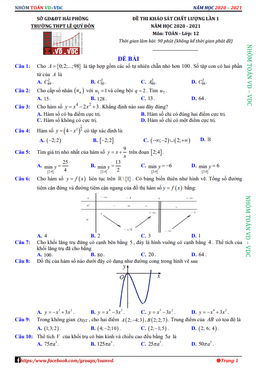 đề khảo sát lần 1 toán 12 năm 2020 – 2021 trường lê quý đôn – hải phòng
