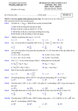 đề khảo sát lần 2 toán 11 năm 2023 – 2024 trường thpt kẻ sặt – hải dương