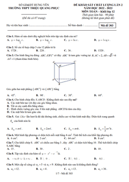 đề khảo sát lần 2 toán 12 năm 2022 – 2023 trường thpt triệu quang phục – hưng yên