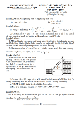 đề khảo sát lần 4 toán 9 năm 2023 – 2024 phòng gd&đt thanh hà – hải dương