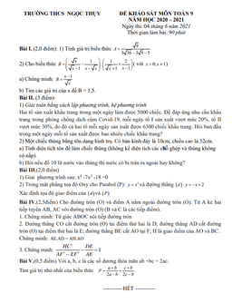 đề khảo sát môn toán 9 năm 2020 – 2021 trường thcs ngọc thụy – hà nội