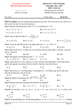 đề khảo sát toán 10 cuối năm 2023 – 2024 trường thpt hàng hải – hải phòng