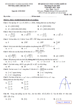 đề khảo sát toán 10 đợt tháng 01 năm 2024 trường thpt tiên du 1 – bắc ninh