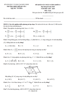 đề khảo sát toán 11 đợt tháng 03 năm 2024 trường thpt tiên du 1 – bắc ninh