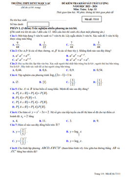 đề khảo sát toán 11 năm 2023 – 2024 trường thpt dtnt ngọc lặc – thanh hóa