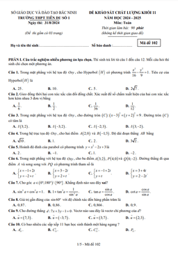 đề khảo sát toán 11 năm 2024 – 2025 trường thpt tiên du 1 – bắc ninh