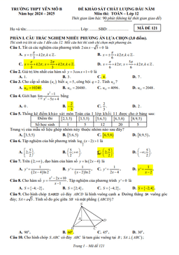 đề khảo sát toán 12 đầu năm 2024 – 2025 trường thpt yên mô b – ninh bình