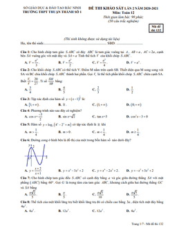 đề khảo sát toán 12 lần 2 năm 2020 – 2021 trường thuận thành 1 – bắc ninh