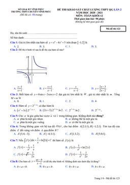 đề khảo sát toán 12 lần 2 thi thpt qg 2021 trường thpt chuyên vĩnh phúc