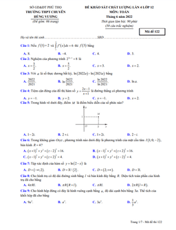 đề khảo sát toán 12 lần 4 năm 2022 trường chuyên hùng vương – phú thọ