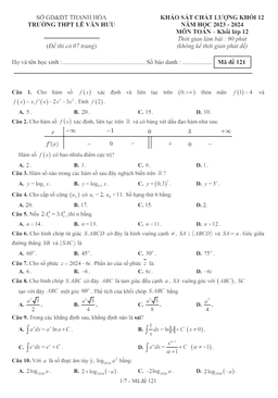 đề khảo sát toán 12 năm 2023 – 2024 trường thpt lê văn hưu – thanh hóa