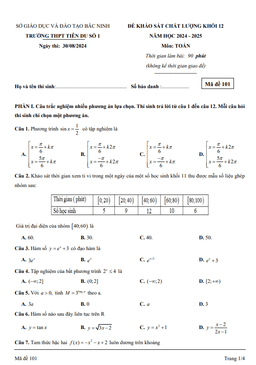 đề khảo sát toán 12 năm 2024 – 2025 trường thpt tiên du 1 – bắc ninh