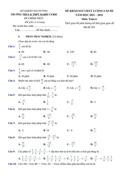 đề khảo sát toán 6 lần 3 năm 2021 – 2022 trường marie curie – hải dương