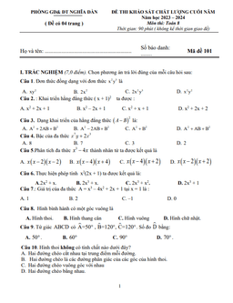 đề khảo sát toán 8 cuối năm 2023 – 2024 phòng gd&đt nghĩa đàn – nghệ an