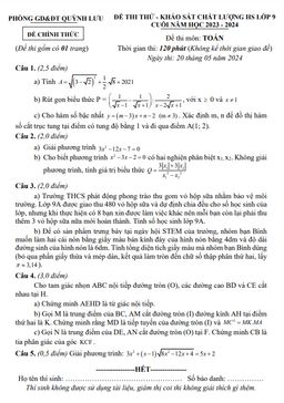 đề khảo sát toán 9 cuối năm 2023 – 2024 phòng gd&đt quỳnh lưu – nghệ an