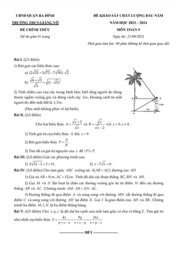 đề khảo sát toán 9 đầu năm 2023 – 2024 trường thcs giảng võ – hà nội
