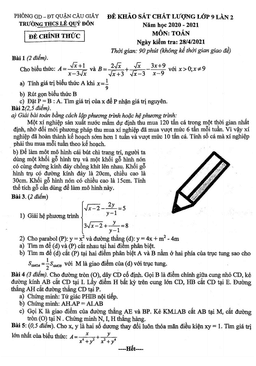 đề khảo sát toán 9 lần 2 năm 2020 – 2021 trường thcs lê quý đôn – hà nội