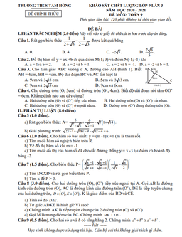 đề khảo sát toán 9 lần 3 năm 2020 – 2021 trường thcs tam hồng – vĩnh phúc