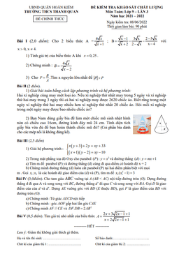 đề khảo sát toán 9 lần 3 năm 2021 – 2022 trường thcs thanh quan – hà nội