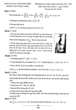 đề khảo sát toán 9 lần 4 năm 2019 – 2020 trường thcs trưng vương – hà nội