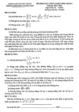đề khảo sát toán 9 năm 2021 – 2022 phòng gd&đt hai bà trưng – hà nội